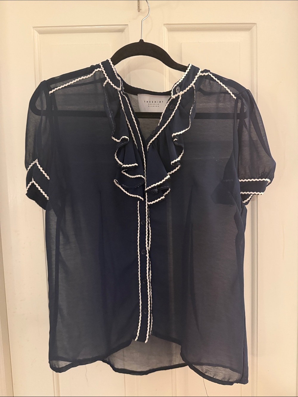 The Shirt by Rochelle Behrens Navy Sheer Ruffle-Trim Blouse